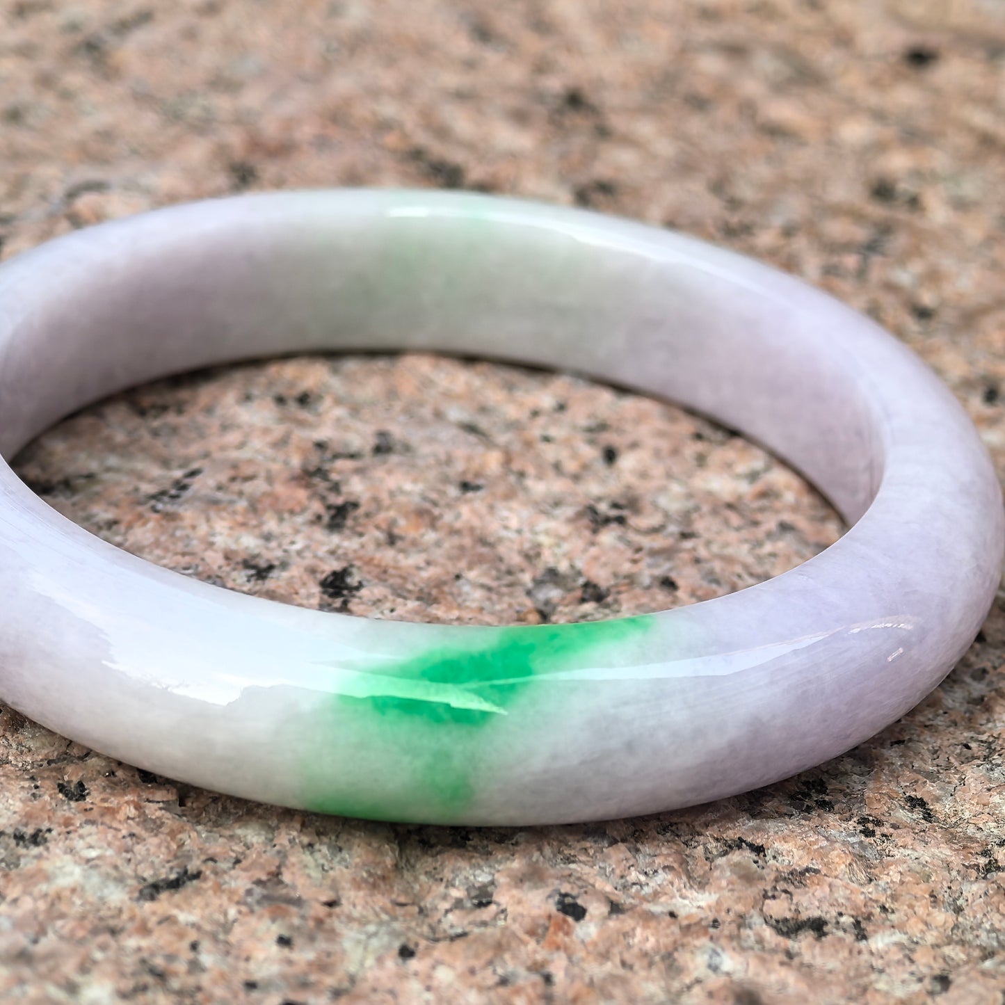 Natural Grade-A Glutinous Light Lavender Jadeite D-shape Bangle with Vivid Green Accent · Burmese Jade 57mm