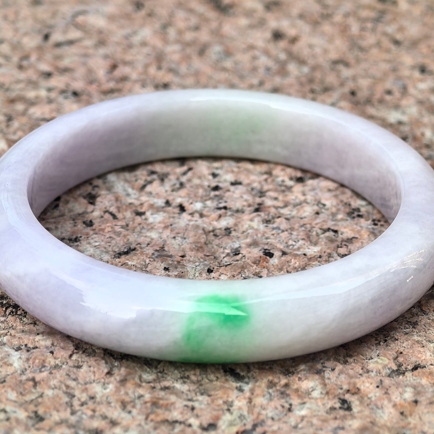 Natural Grade-A Glutinous Light Lavender Jadeite D-shape Bangle with Vivid Green Accent · Burmese Jade 57mm