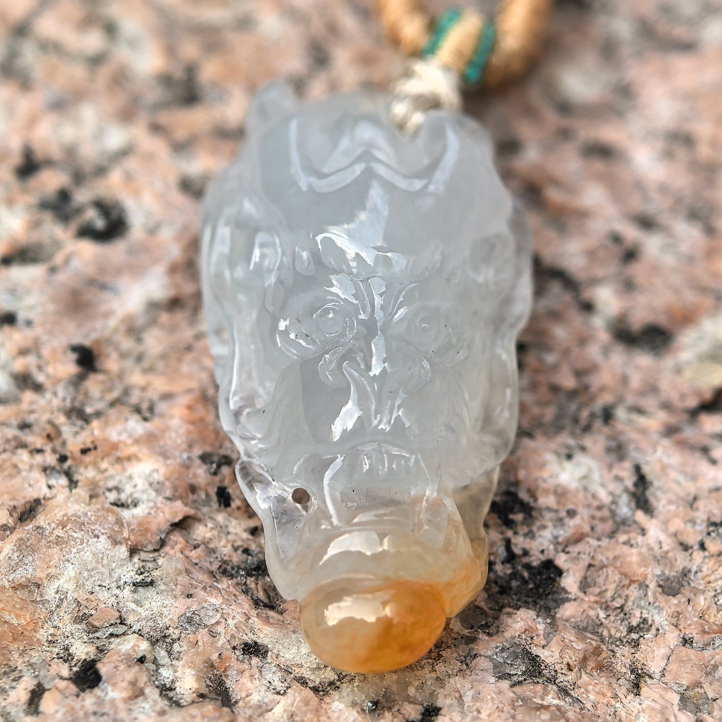 Natural Grade-A Jadeite Icy Yellow Dragon Head Pendant · Burmese Jade