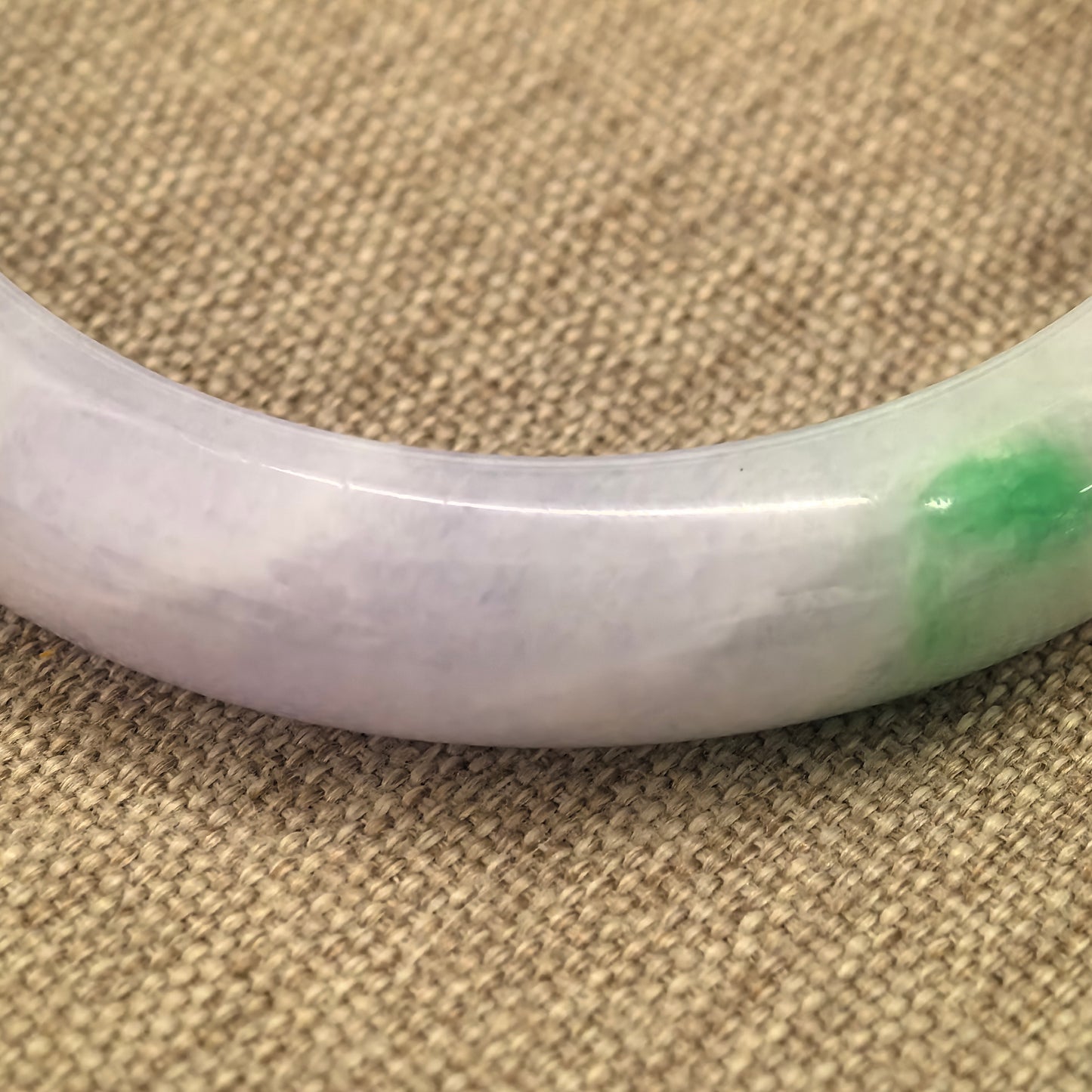 Natural Grade-A Glutinous Light Lavender Jadeite D-shape Bangle with Vivid Green Accent · Burmese Jade 57mm