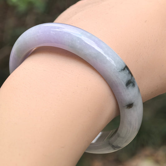 Natural Grade-A Glutinous Light Lavender Jadeite Bangle with Dark Green Floating Patches · Burmese Jade 55mm