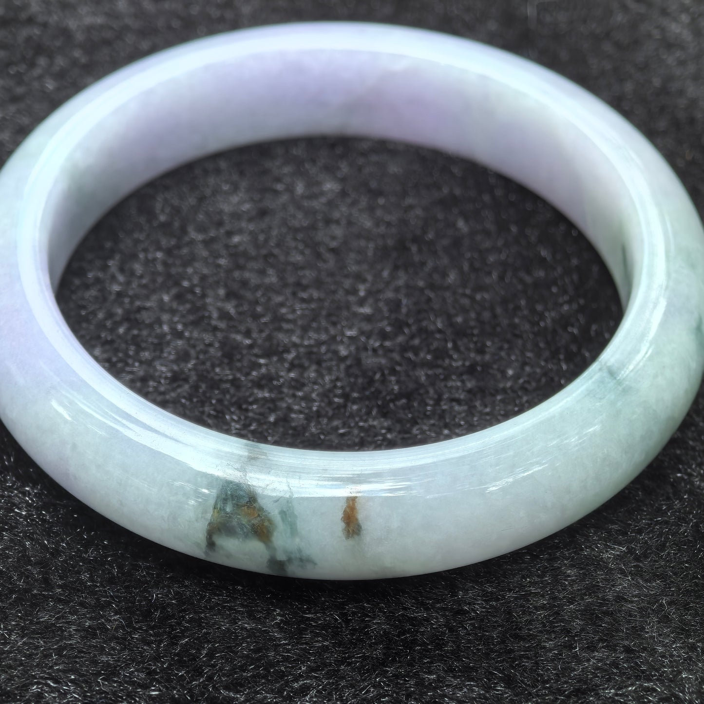 Natural Grade-A Glutinous Light Lavender Jadeite Bangle with Dark Green Floating Patches · Burmese Jade 55mm
