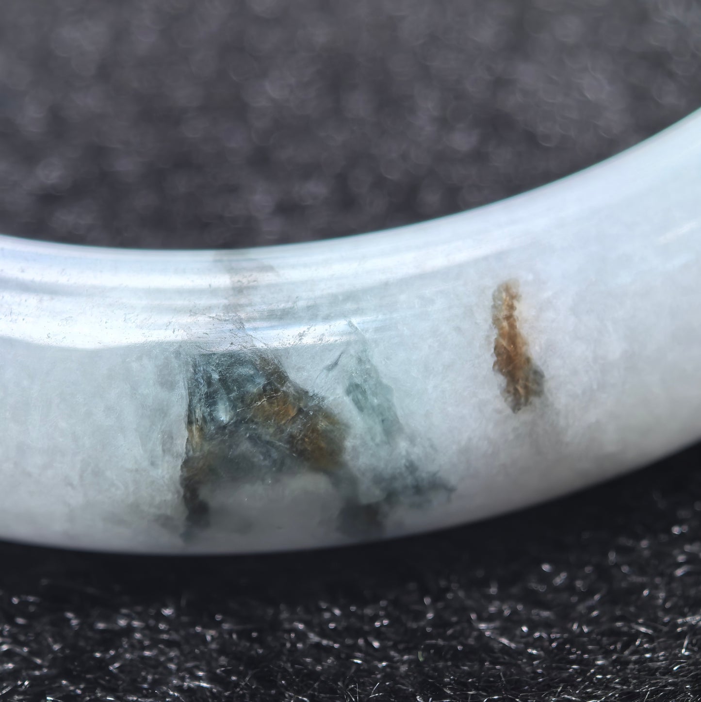 Natural Grade-A Glutinous Light Lavender Jadeite Bangle with Dark Green Floating Patches · Burmese Jade 55mm