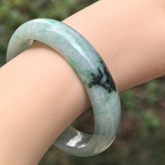 Natural Grade-A Glutinous Light Green with Blue Floating Flowers Jadeite D-Shape Bangle ·Burmese Jade 56mm