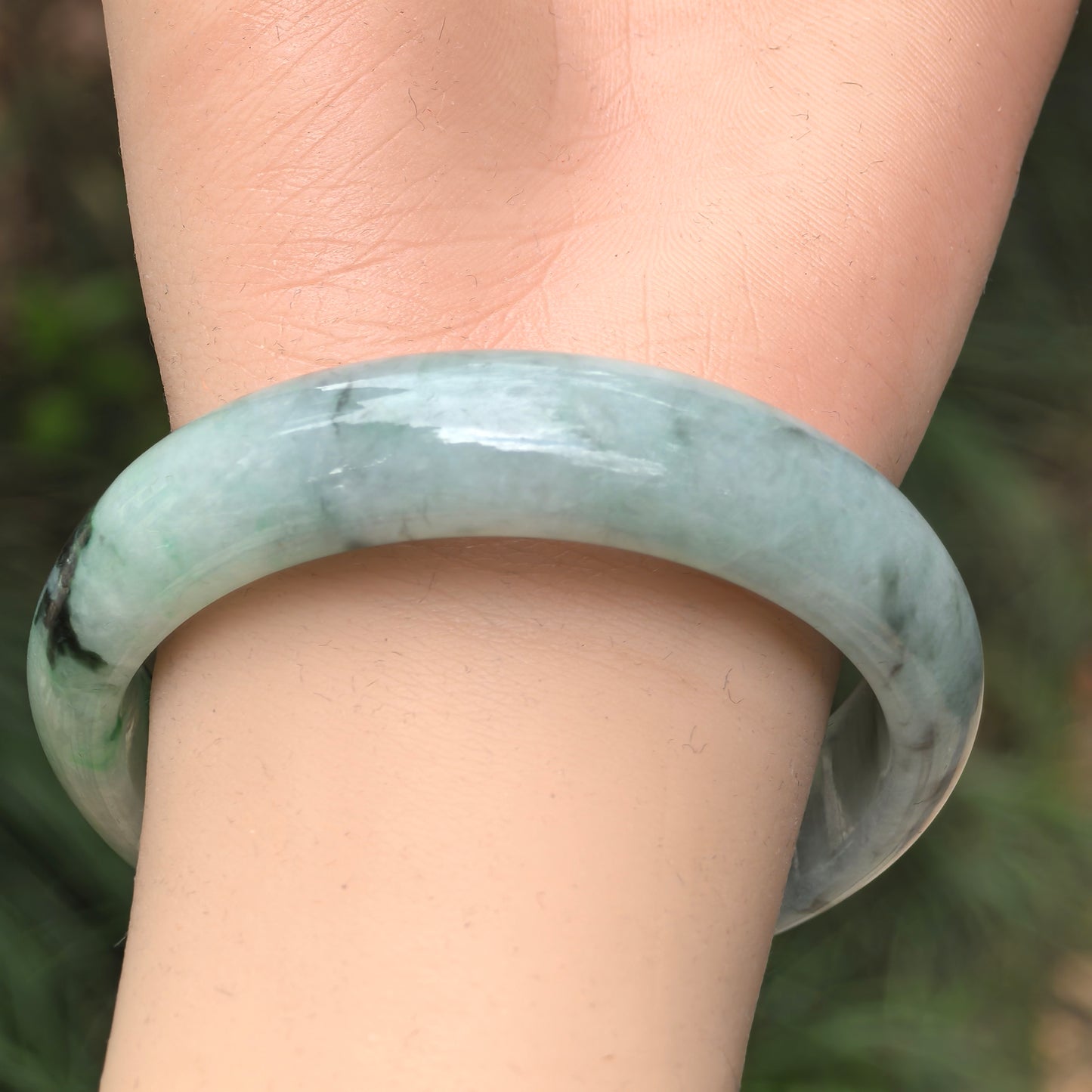 Natural Grade-A Glutinous Light Green with Blue Floating Flowers Jadeite D-Shape Bangle ·Burmese Jade 56mm
