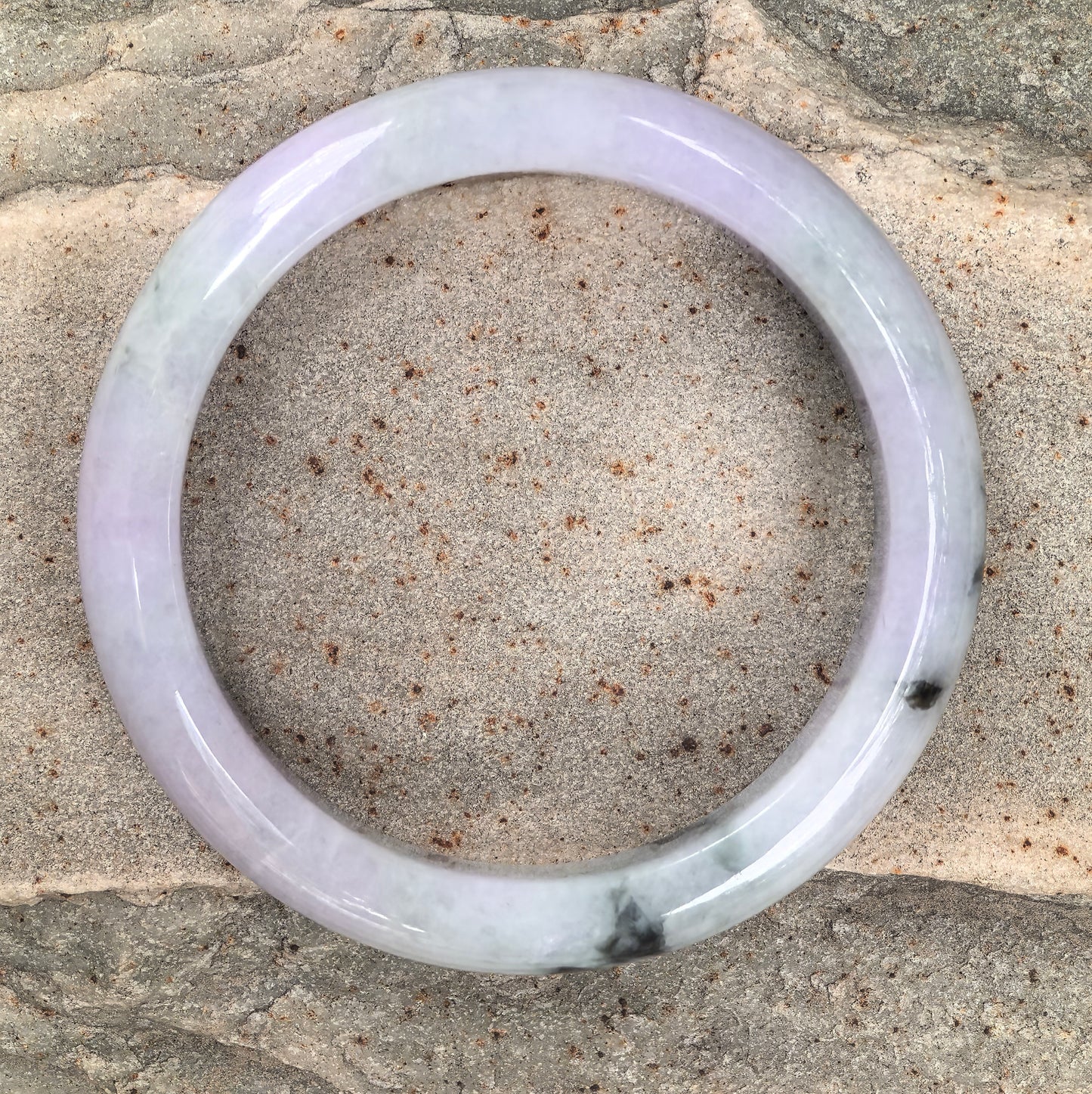 Natural Grade-A Glutinous Light Lavender Jadeite Bangle with Dark Green Floating Patches · Burmese Jade 55mm