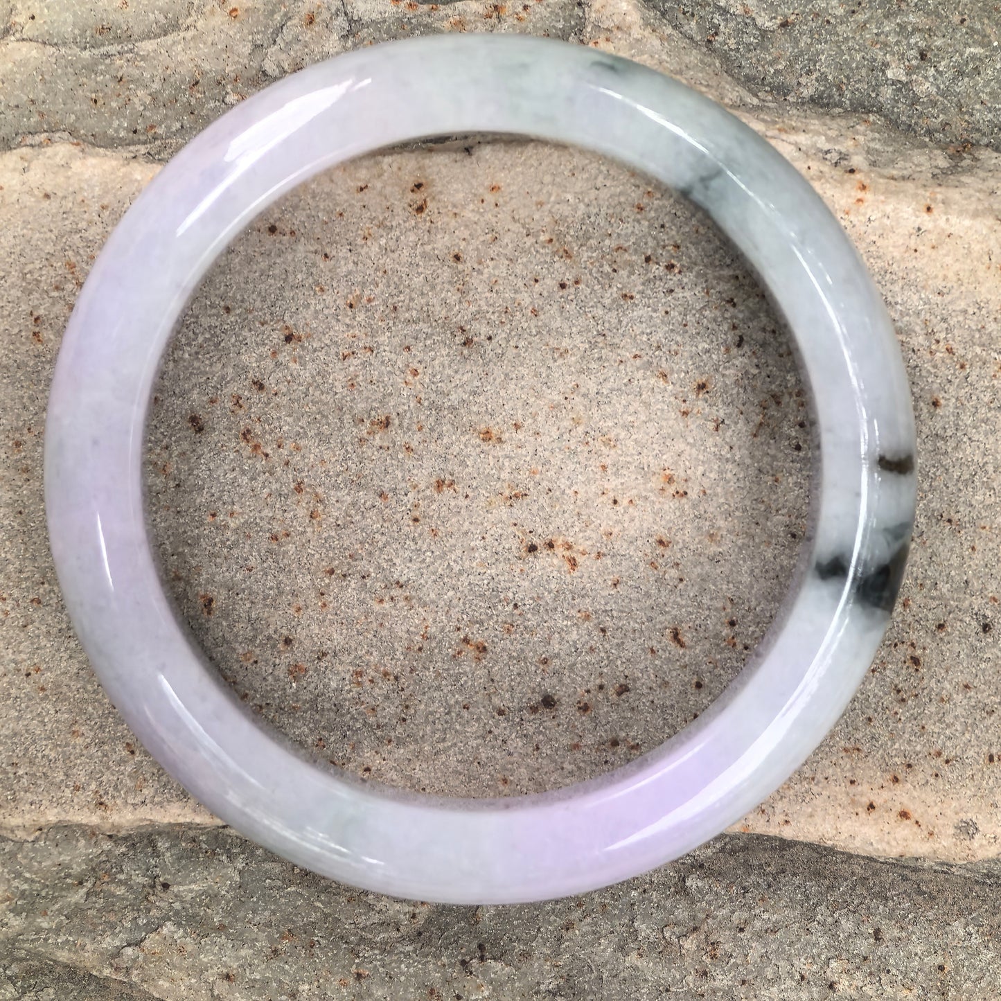 Natural Grade-A Glutinous Light Lavender Jadeite Bangle with Dark Green Floating Patches · Burmese Jade 55mm