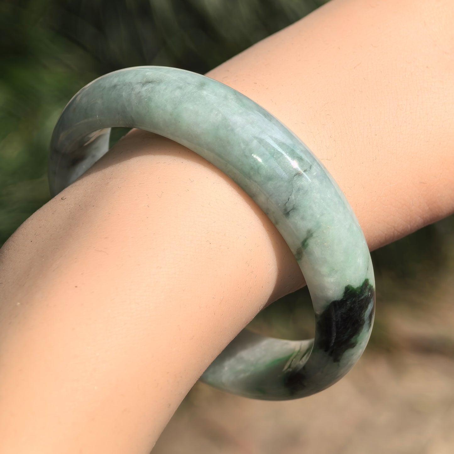 Natural Grade-A Glutinous Light Green with Blue Floating Flowers Jadeite D-Shape Bangle ·Burmese Jade 56mm