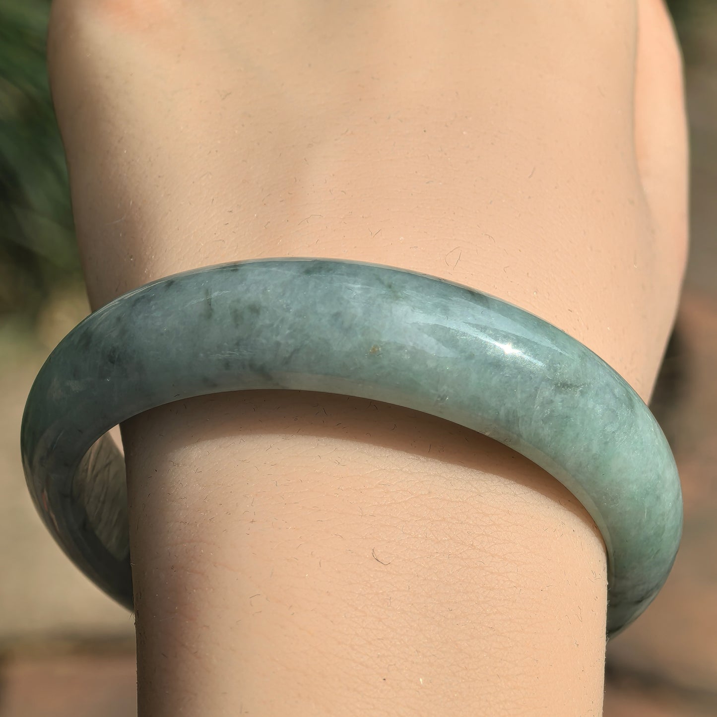 Natural Grade-A Glutinous Light Green with Blue Floating Flowers Jadeite D-Shape Bangle ·Burmese Jade 56mm
