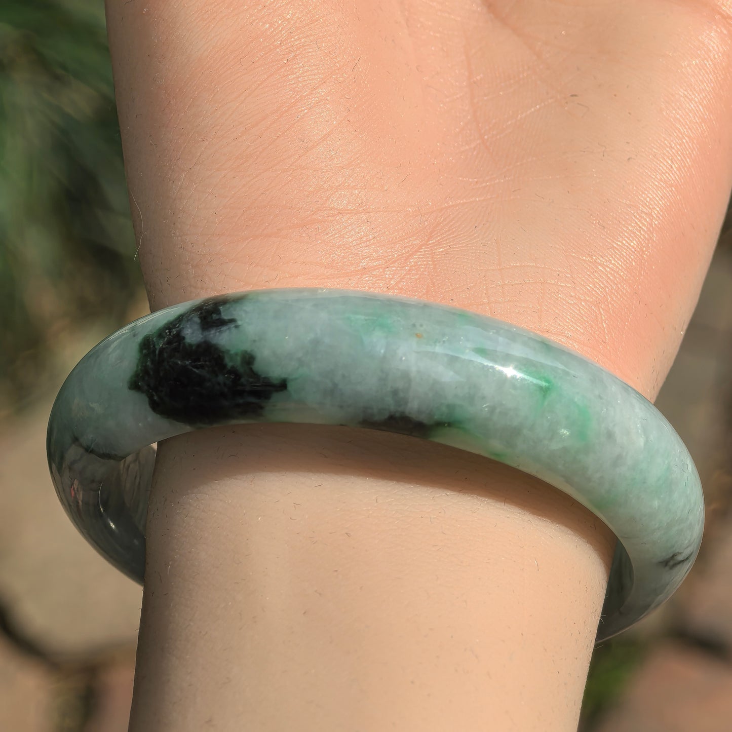 Natural Grade-A Glutinous Light Green with Blue Floating Flowers Jadeite D-Shape Bangle ·Burmese Jade 56mm