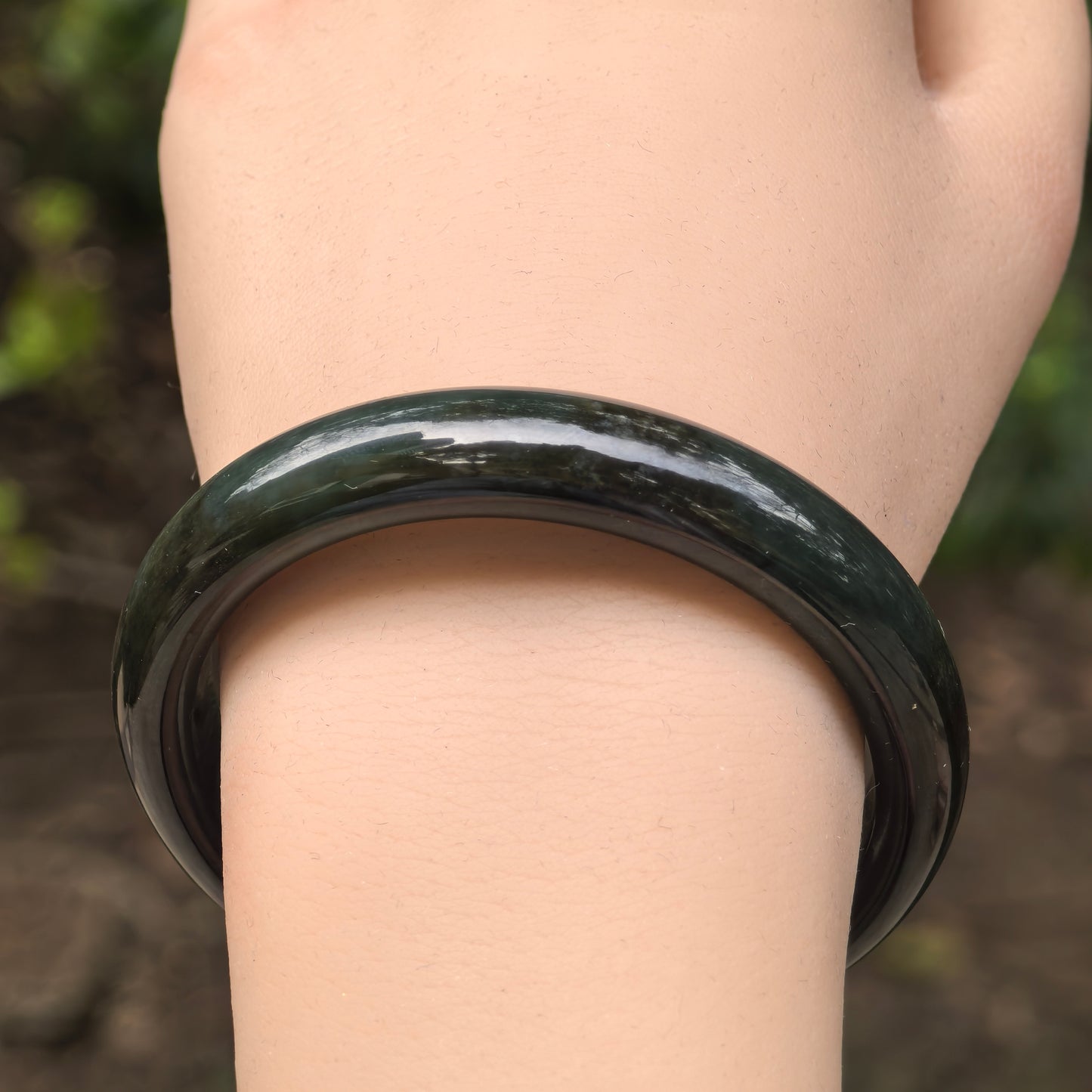 Natural Nephrite Deep Dark Green D-Shape Bangle · Hetian Jade