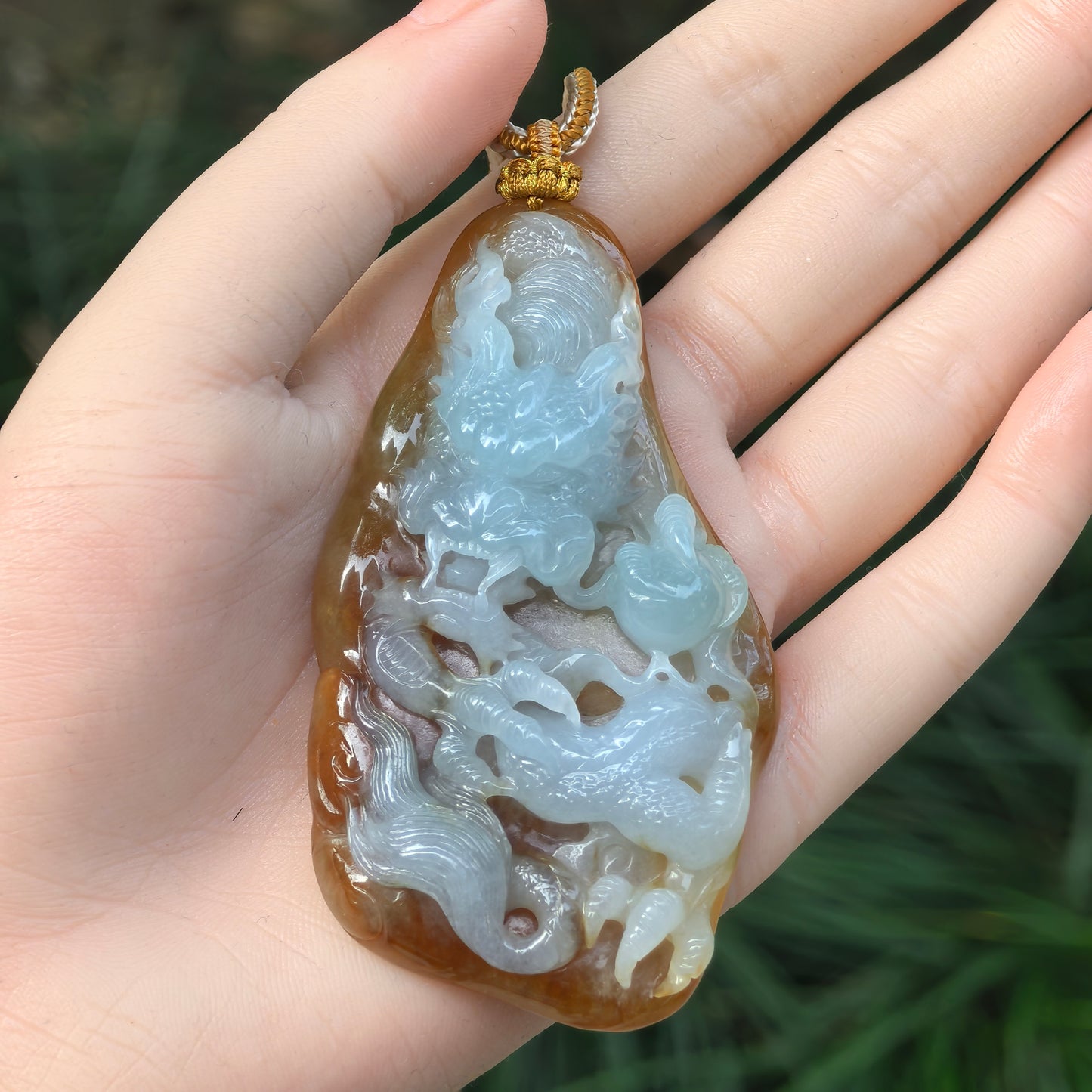 Natural Grade-A Glutinous Yellow Base Light Green Dragon Pendant · Burmese Jade