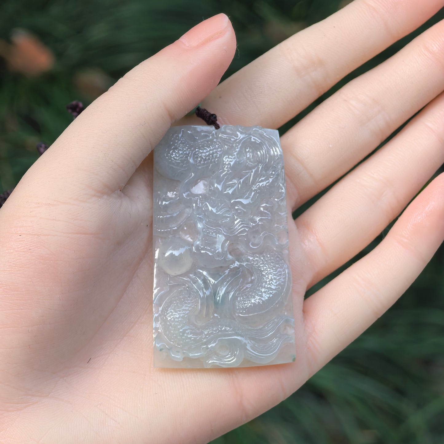 Natural Grade-A Icy Translucent Pale Green Dragon Plaque Pendant · Burmese Jade