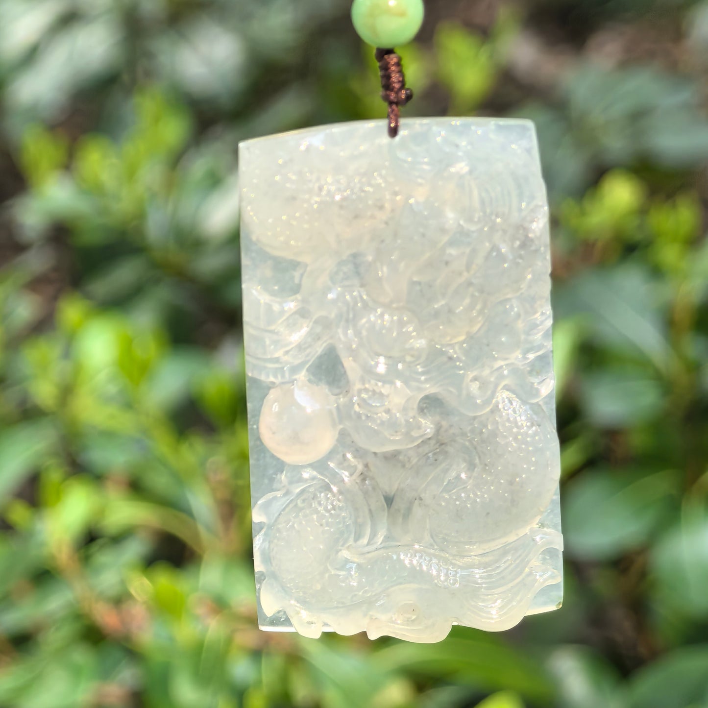 Natural Grade-A Icy Translucent Pale Green Dragon Plaque Pendant · Burmese Jade