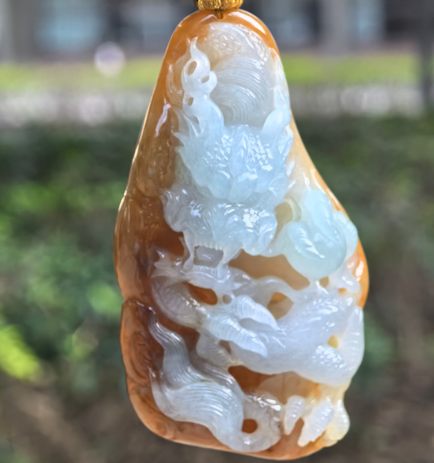 Natural Grade-A Glutinous Yellow Base Light Green Dragon Pendant · Burmese Jade