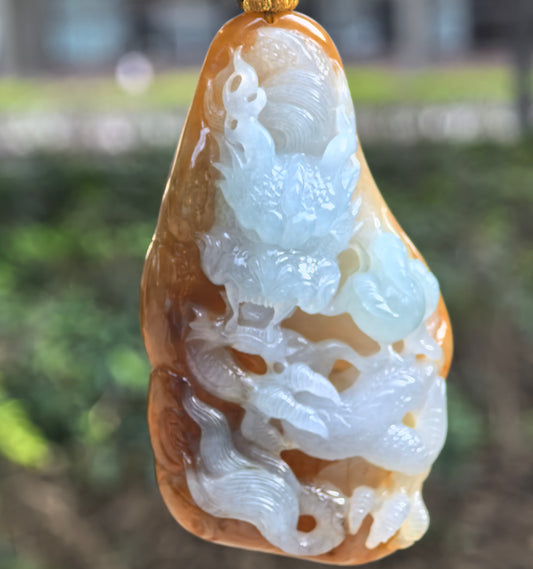 Natural Grade-A Glutinous Yellow Base Light Green Dragon Pendant · Burmese Jade