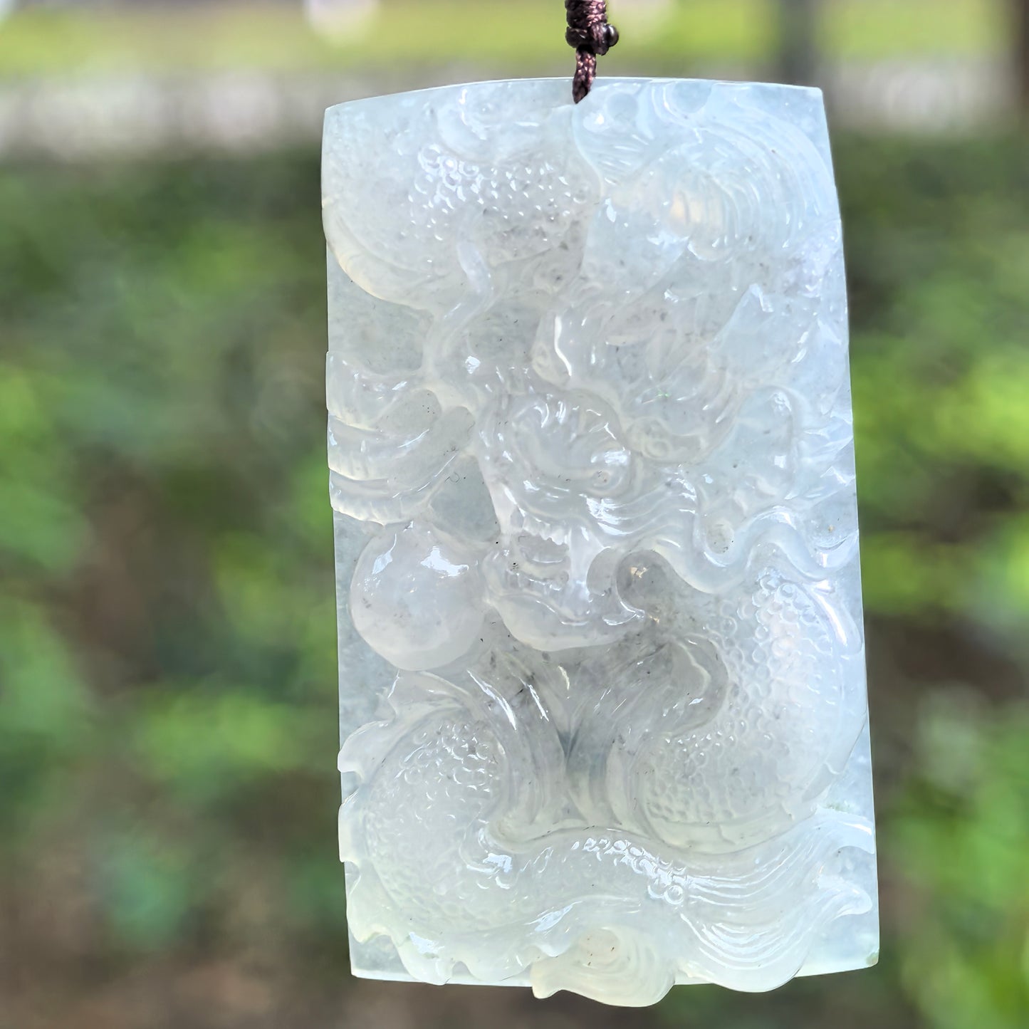 Natural Grade-A Icy Translucent Pale Green Dragon Plaque Pendant · Burmese Jade