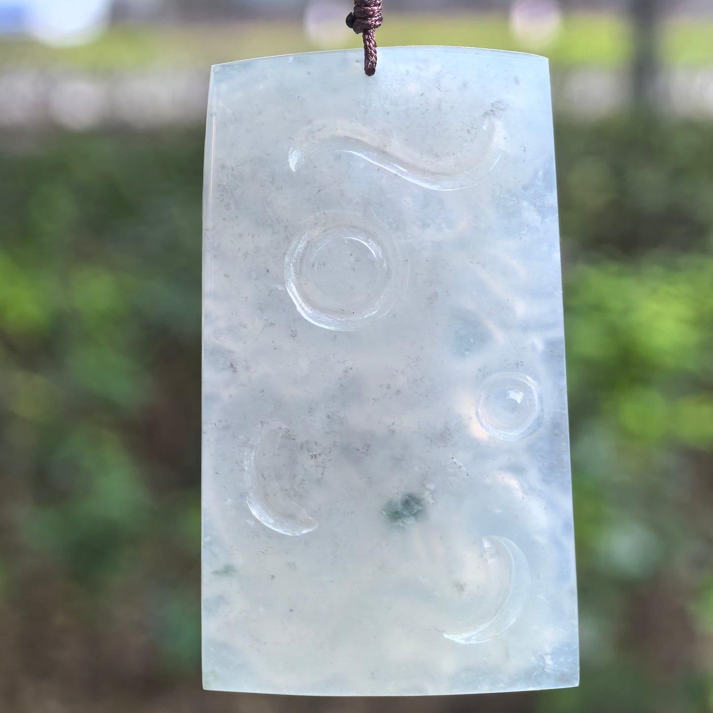 Natural Grade-A Icy Translucent Pale Green Dragon Plaque Pendant · Burmese Jade