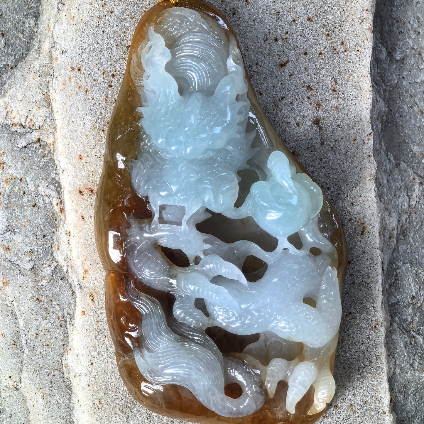 Natural Grade-A Glutinous Yellow Base Light Green Dragon Pendant · Burmese Jade