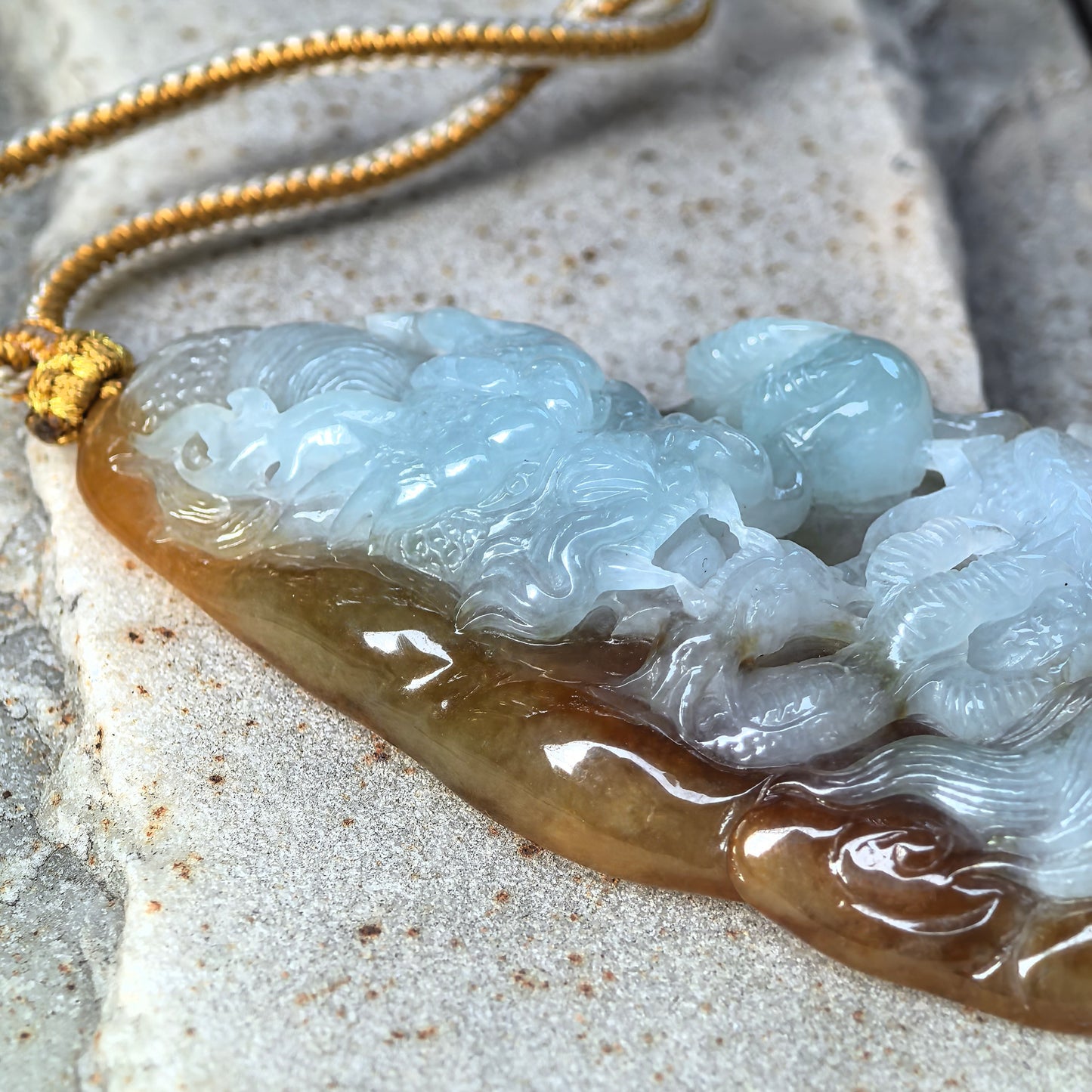 Natural Grade-A Glutinous Yellow Base Light Green Dragon Pendant · Burmese Jade