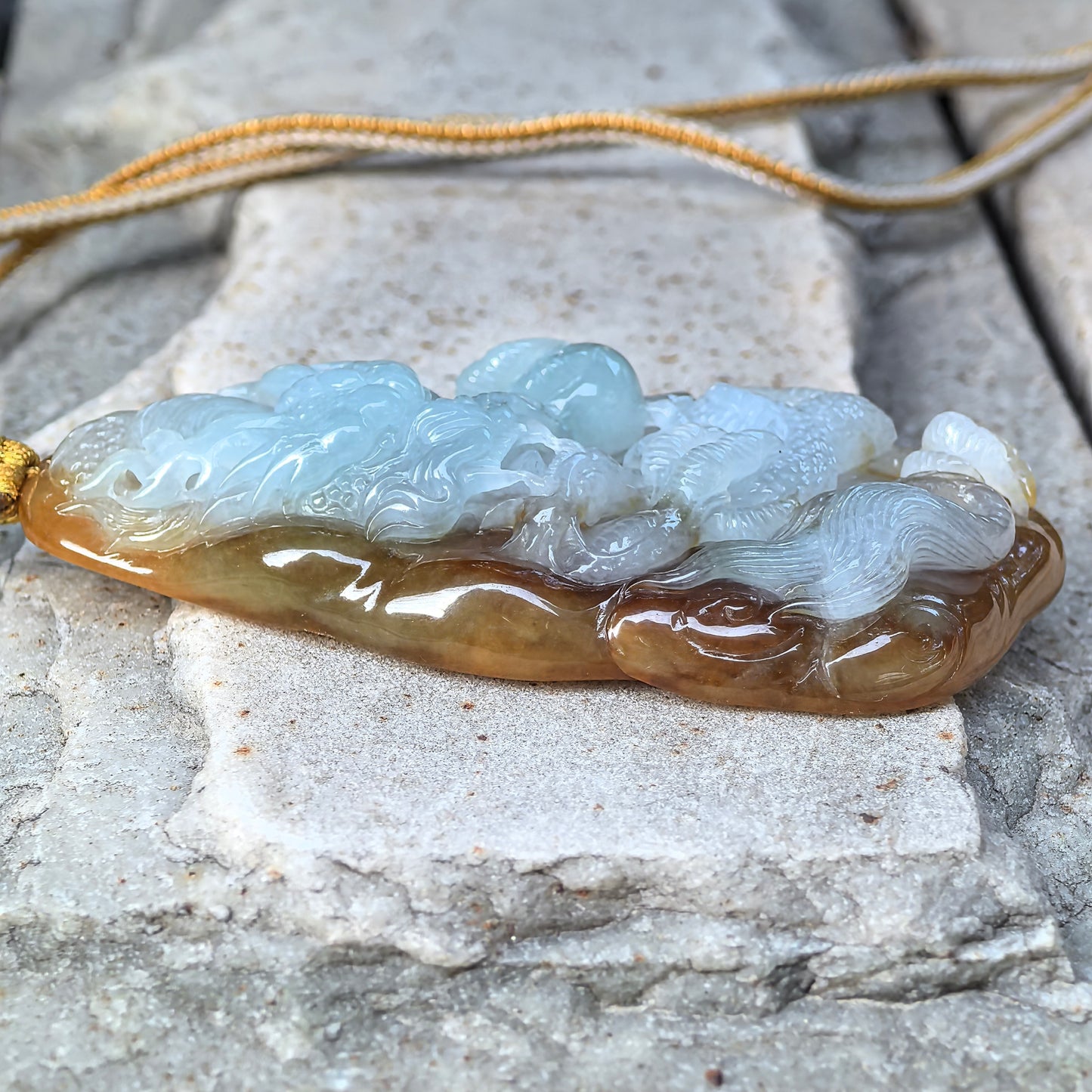 Natural Grade-A Glutinous Yellow Base Light Green Dragon Pendant · Burmese Jade