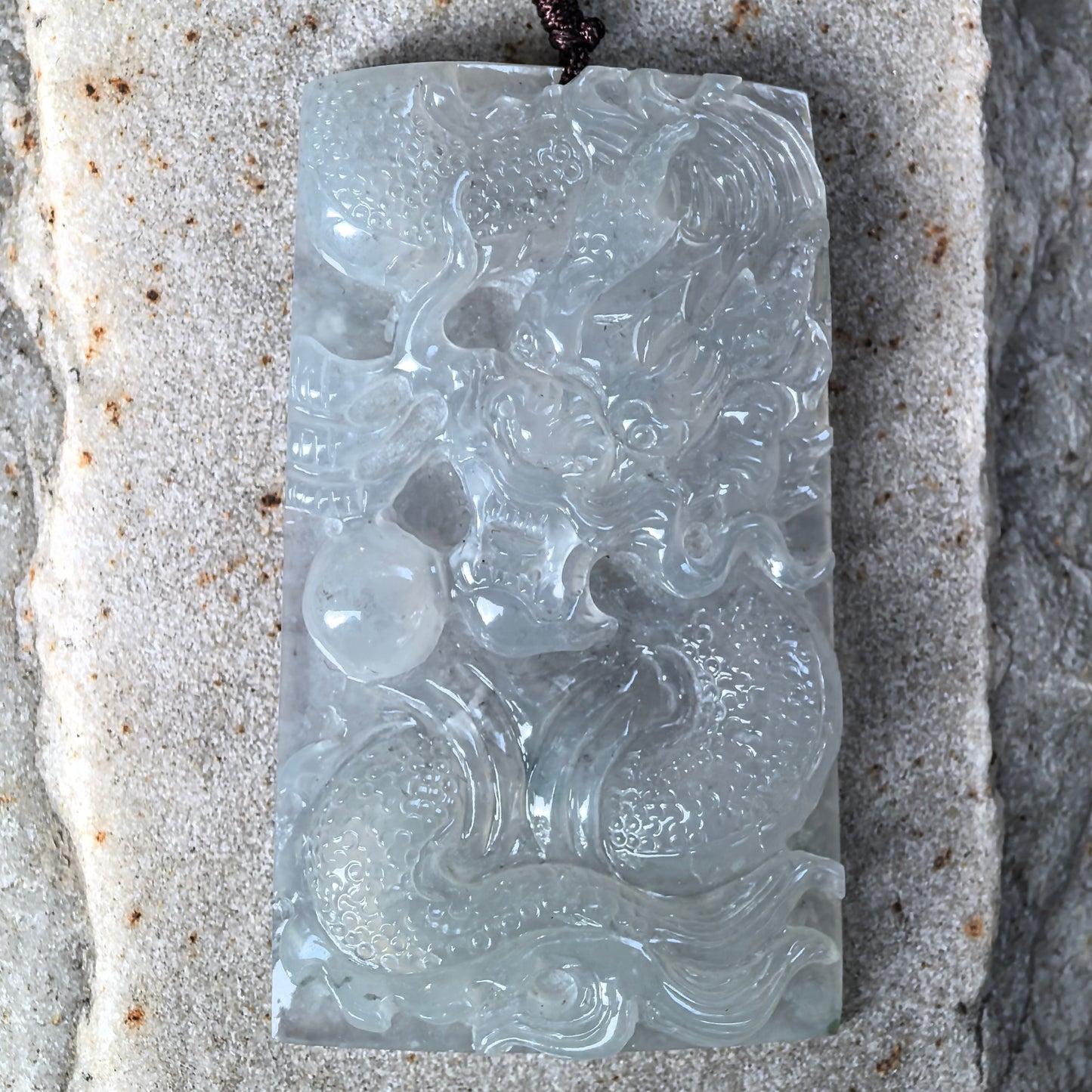 Natural Grade-A Icy Translucent Pale Green Dragon Plaque Pendant · Burmese Jade