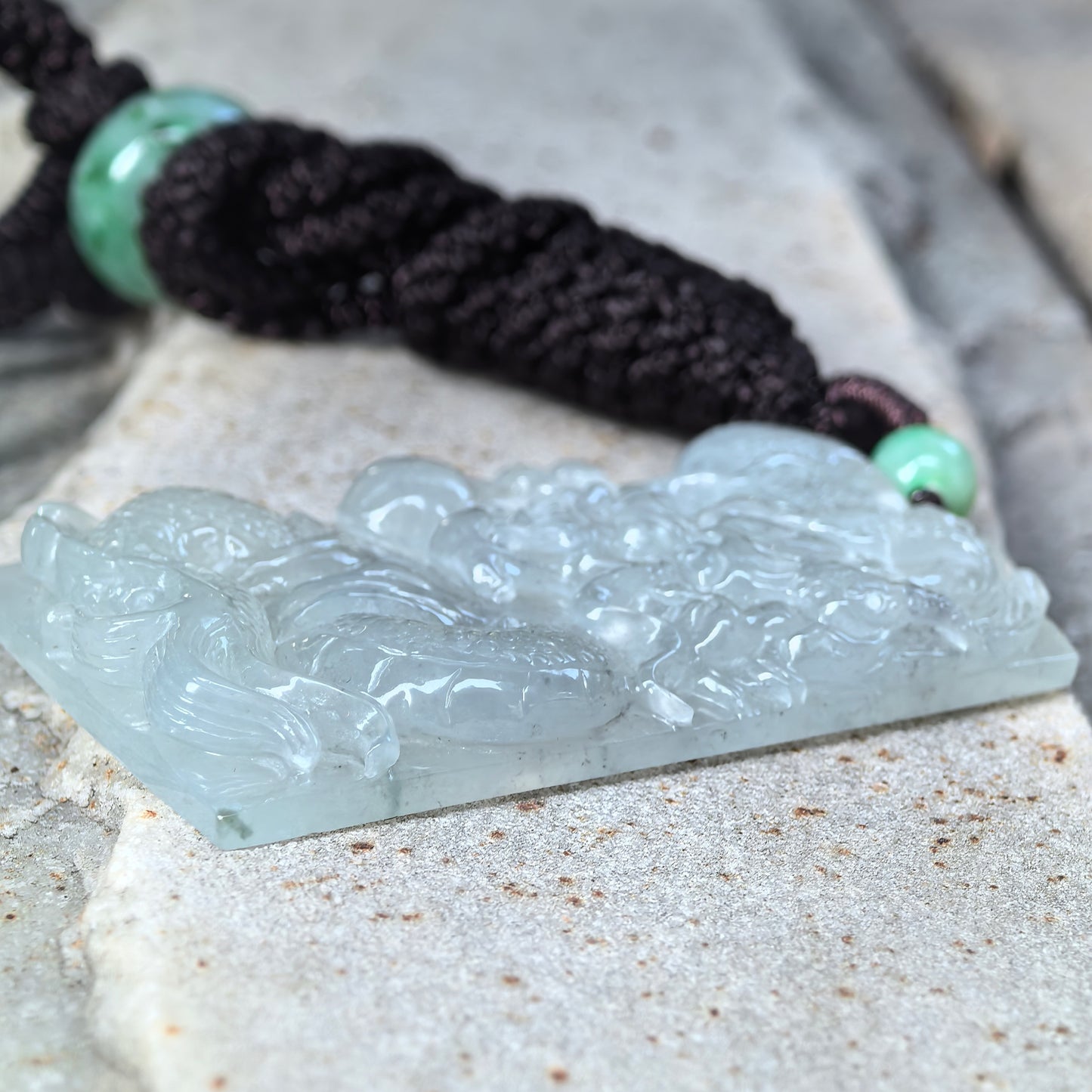Natural Grade-A Icy Translucent Pale Green Dragon Plaque Pendant · Burmese Jade