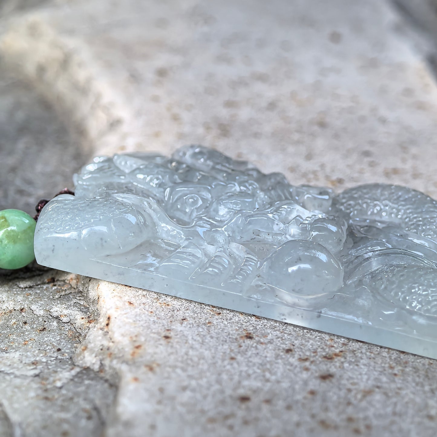 Natural Grade-A Icy Translucent Pale Green Dragon Plaque Pendant · Burmese Jade