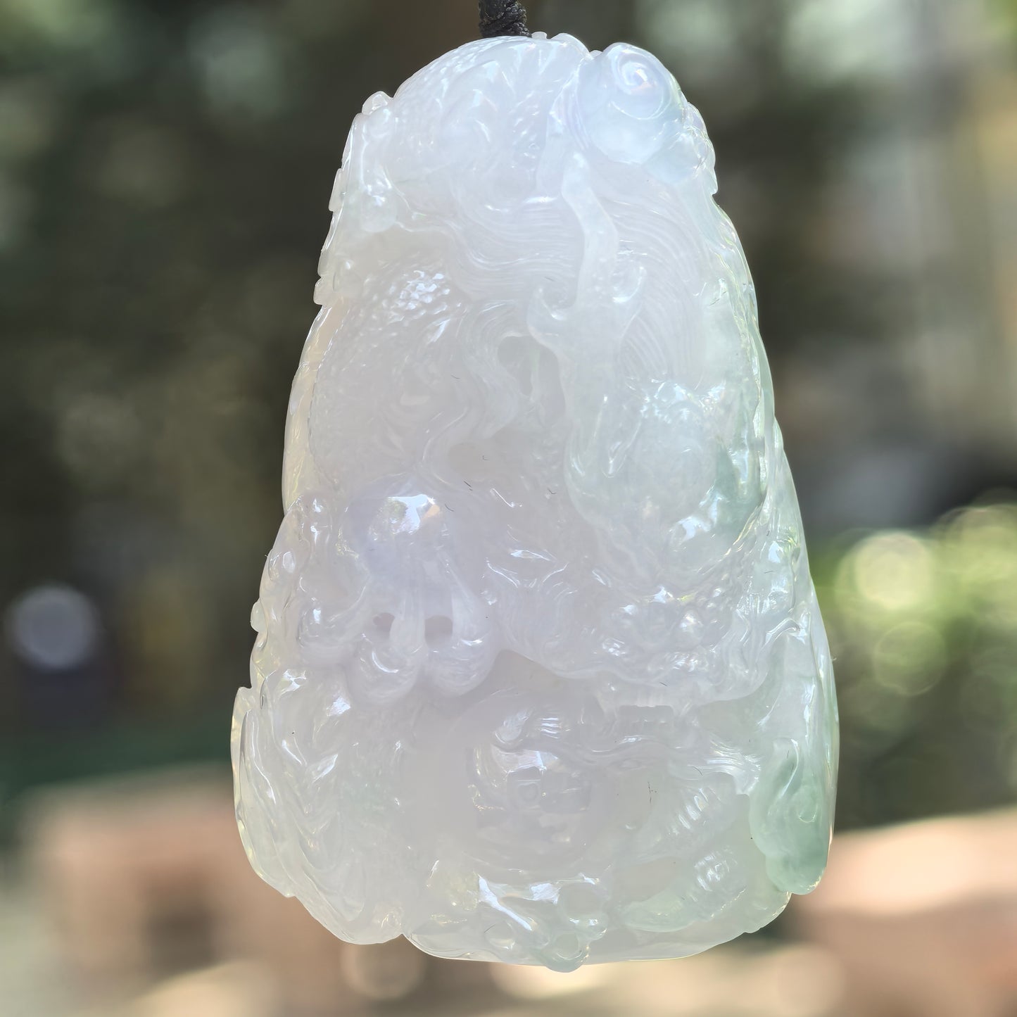 Natural Grade-A Jadeite Glutinous Icy Green and Lavender Dragon Pendant · Burmese Jade