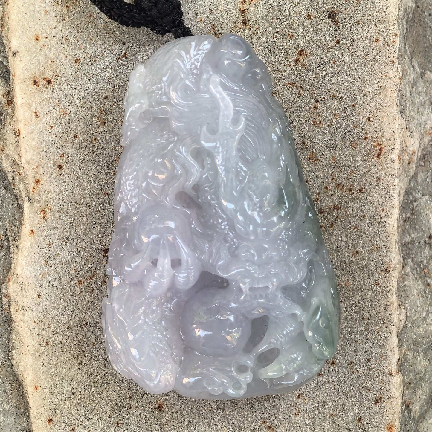 Natural Grade-A Jadeite Glutinous Icy Green and Lavender Dragon Pendant · Burmese Jade