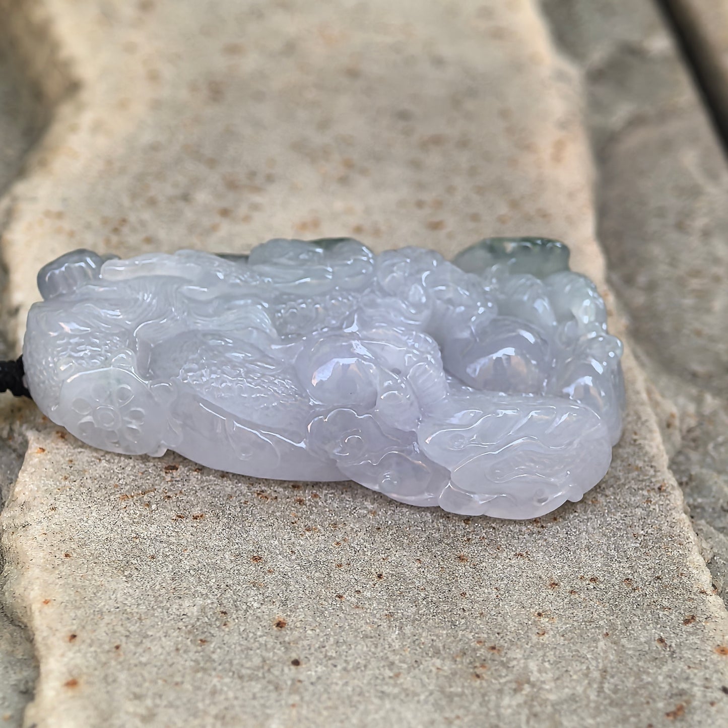Natural Grade-A Jadeite Glutinous Icy Green and Lavender Dragon Pendant · Burmese Jade