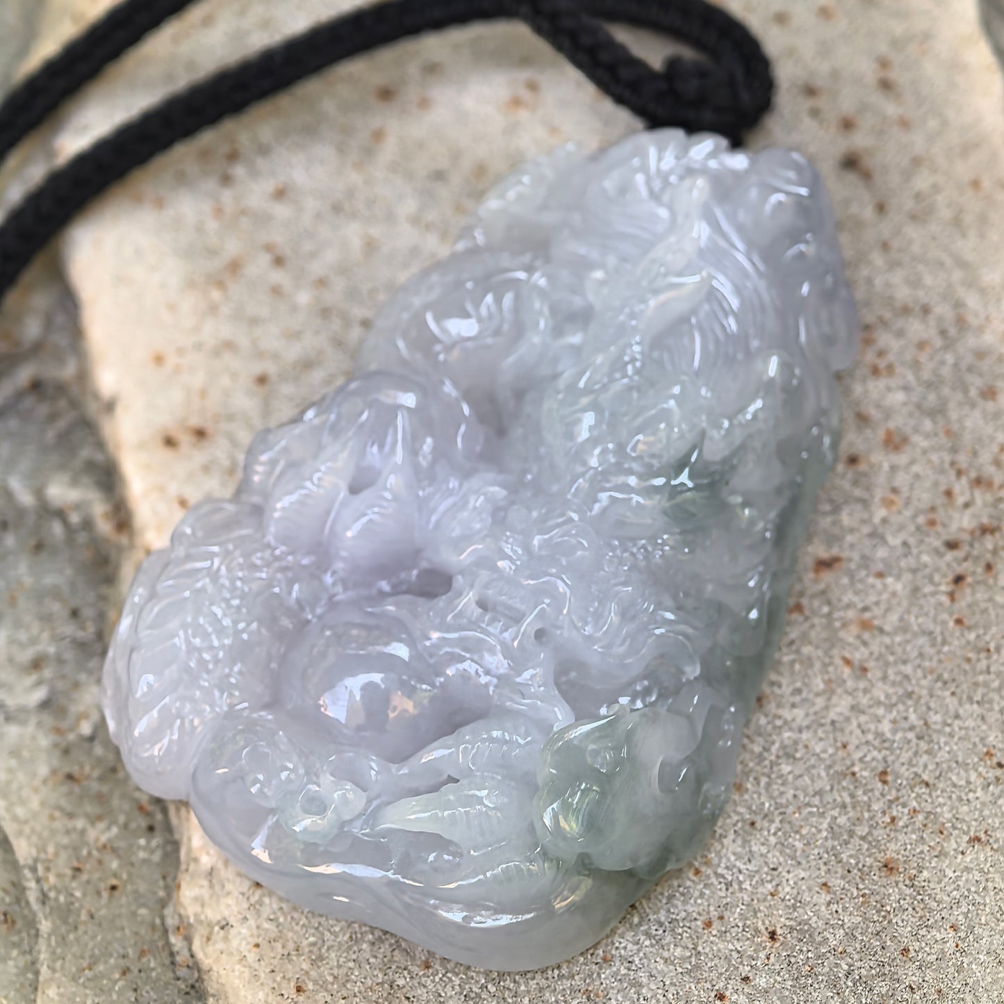 Natural Grade-A Jadeite Glutinous Icy Green and Lavender Dragon Pendant · Burmese Jade