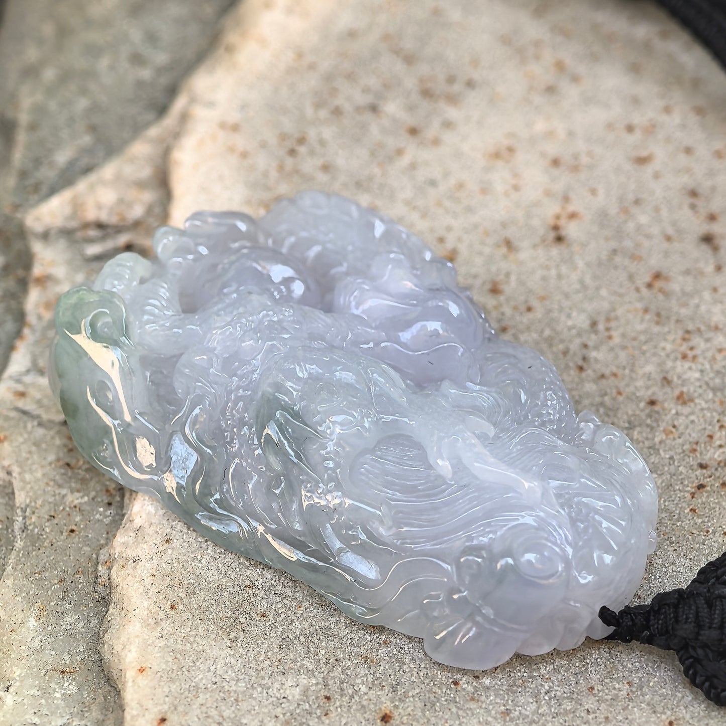 Natural Grade-A Jadeite Glutinous Icy Green and Lavender Dragon Pendant · Burmese Jade