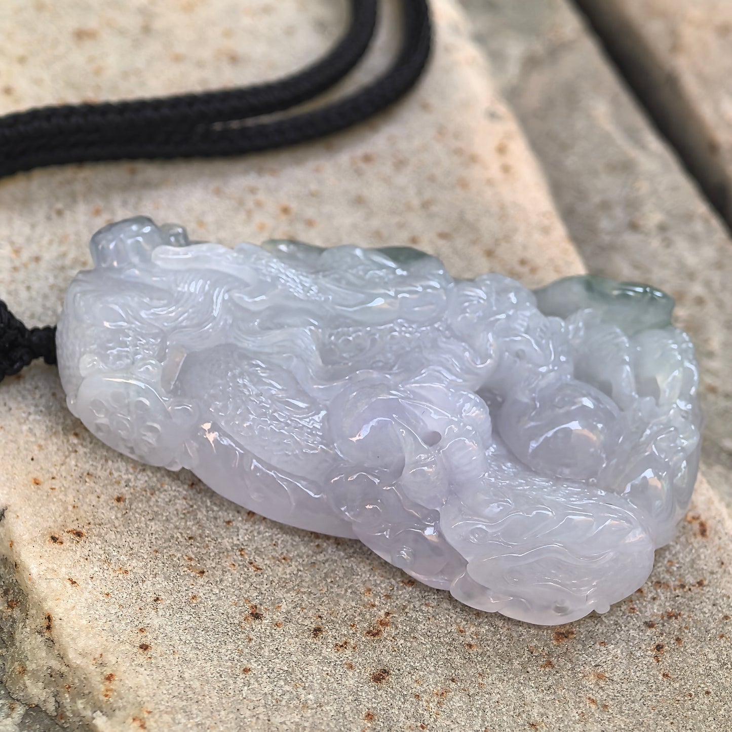 Natural Grade-A Jadeite Glutinous Icy Green and Lavender Dragon Pendant · Burmese Jade