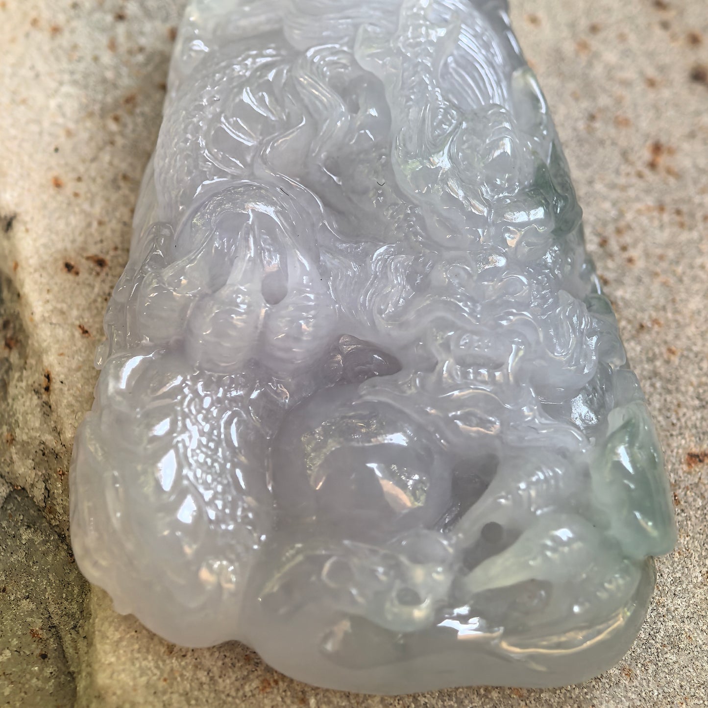 Natural Grade-A Jadeite Glutinous Icy Green and Lavender Dragon Pendant · Burmese Jade