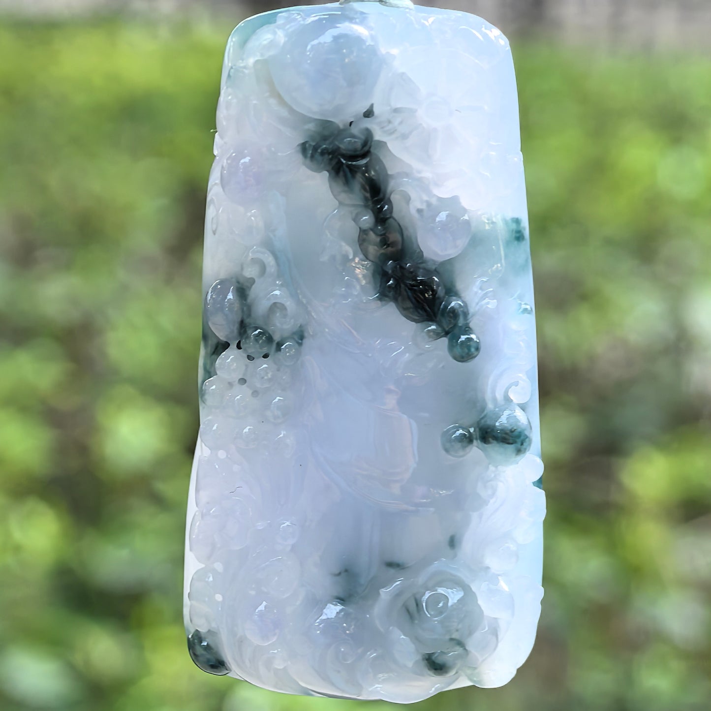 Natural Grade-A Jadeite Glutinous-Icy Blue-Purple Lotus Dragon Pendant · Burmese Jade