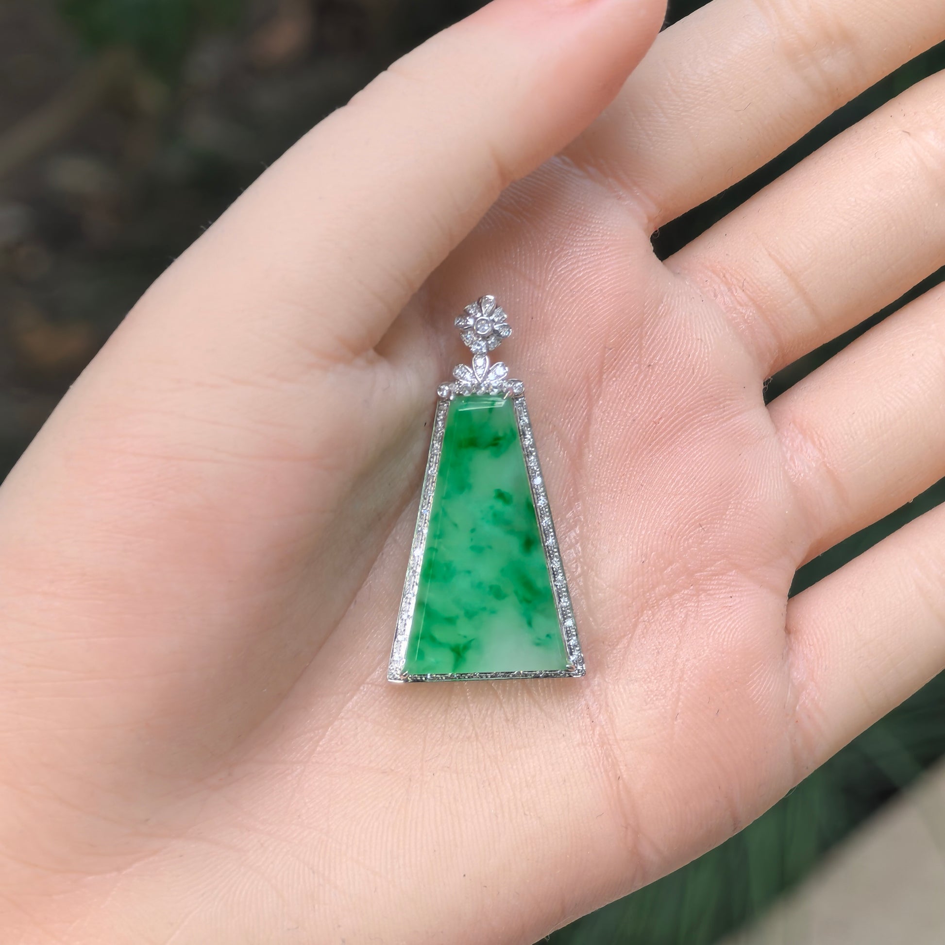 Natural Grade-A icy glutinous green floating flower Plain Jade Plaque pendant with 18K gold and diamond accents.
