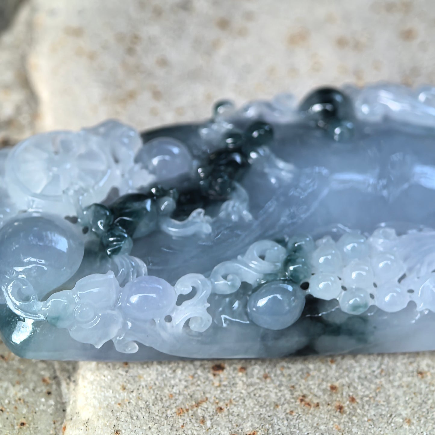 Natural Grade-A Jadeite Glutinous-Icy Blue-Purple Lotus Dragon Pendant · Burmese Jade