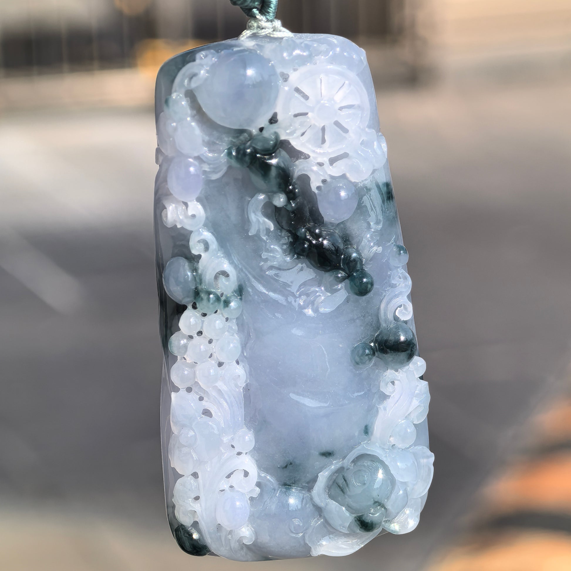 Natural Grade-A blue-purple jadeite lotus dragon pendant with dark green floating flowers