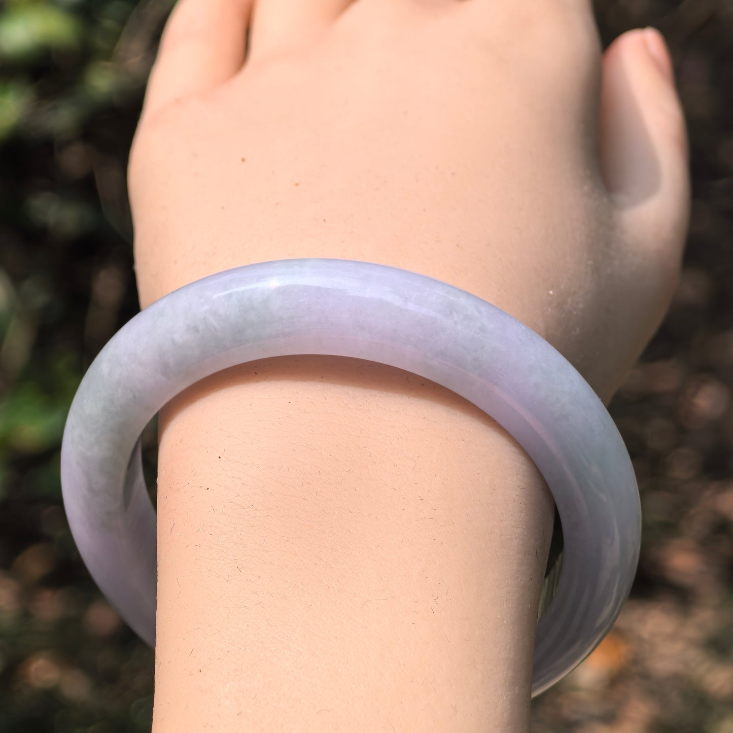Natural Grade-A Jadeite Light Lavender and Green D-Shape Bangle · Burmese Jade 56mm