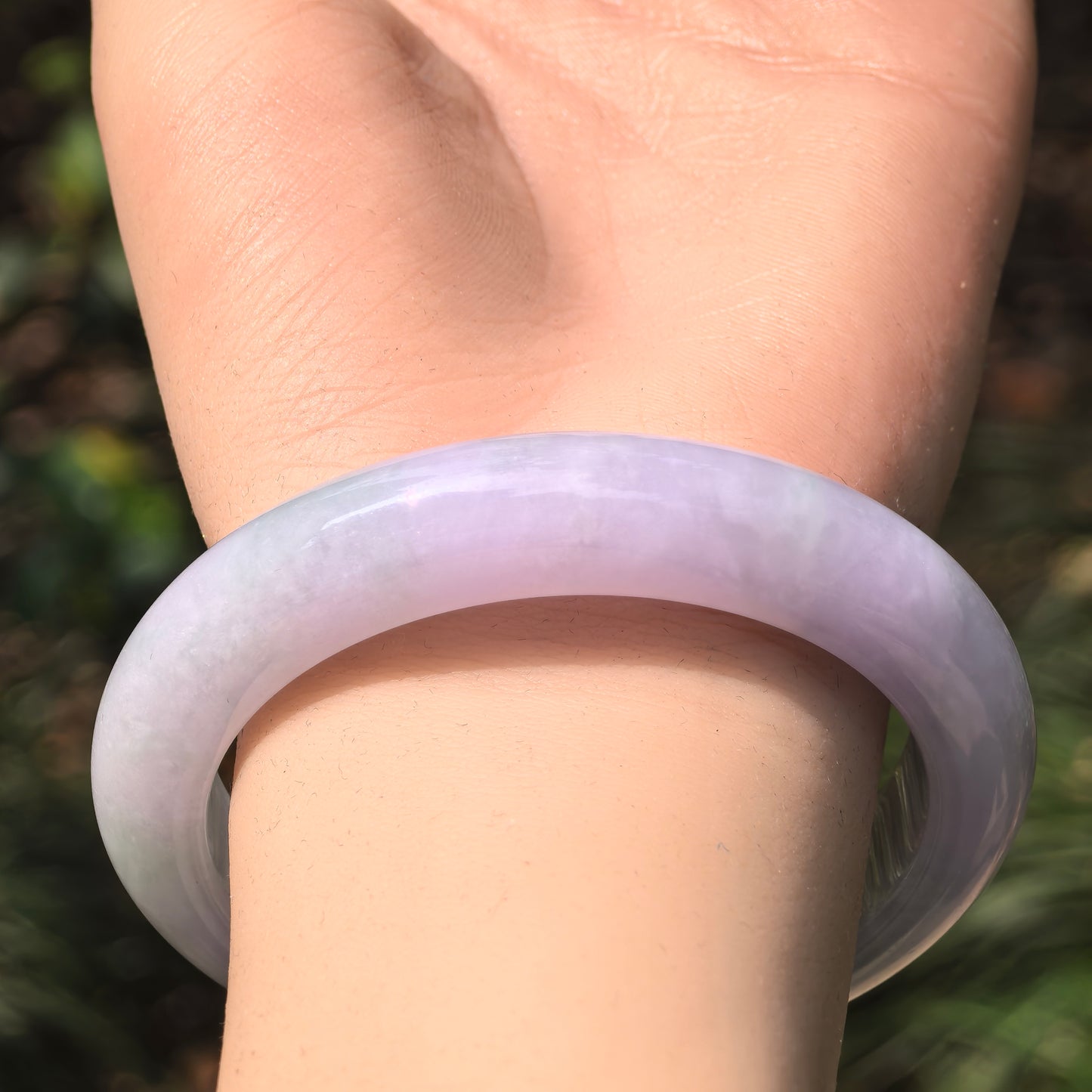 Natural Grade-A Jadeite Light Lavender and Green D-Shape Bangle · Burmese Jade 56mm