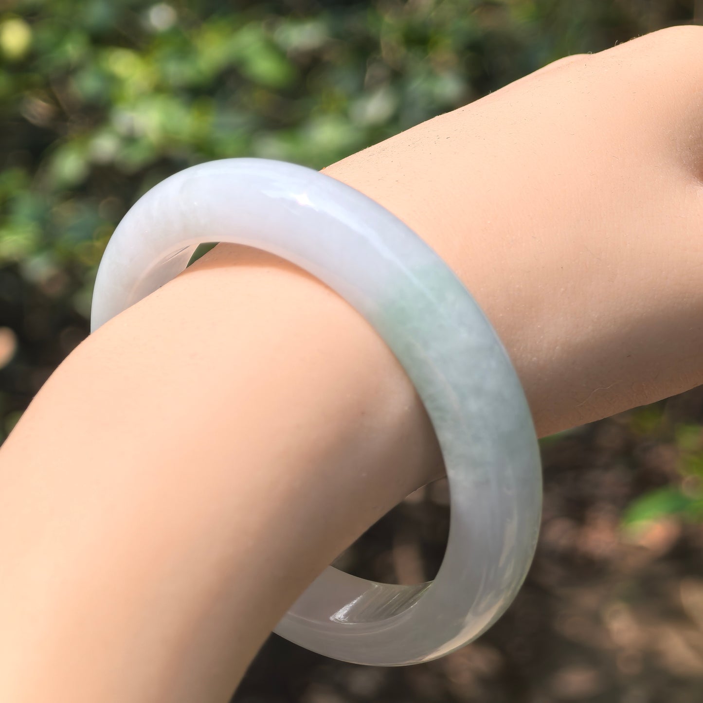 Natural Grade-A Jadeite White and Light Green D-Shape Bangle · Burmese Jade 55mm