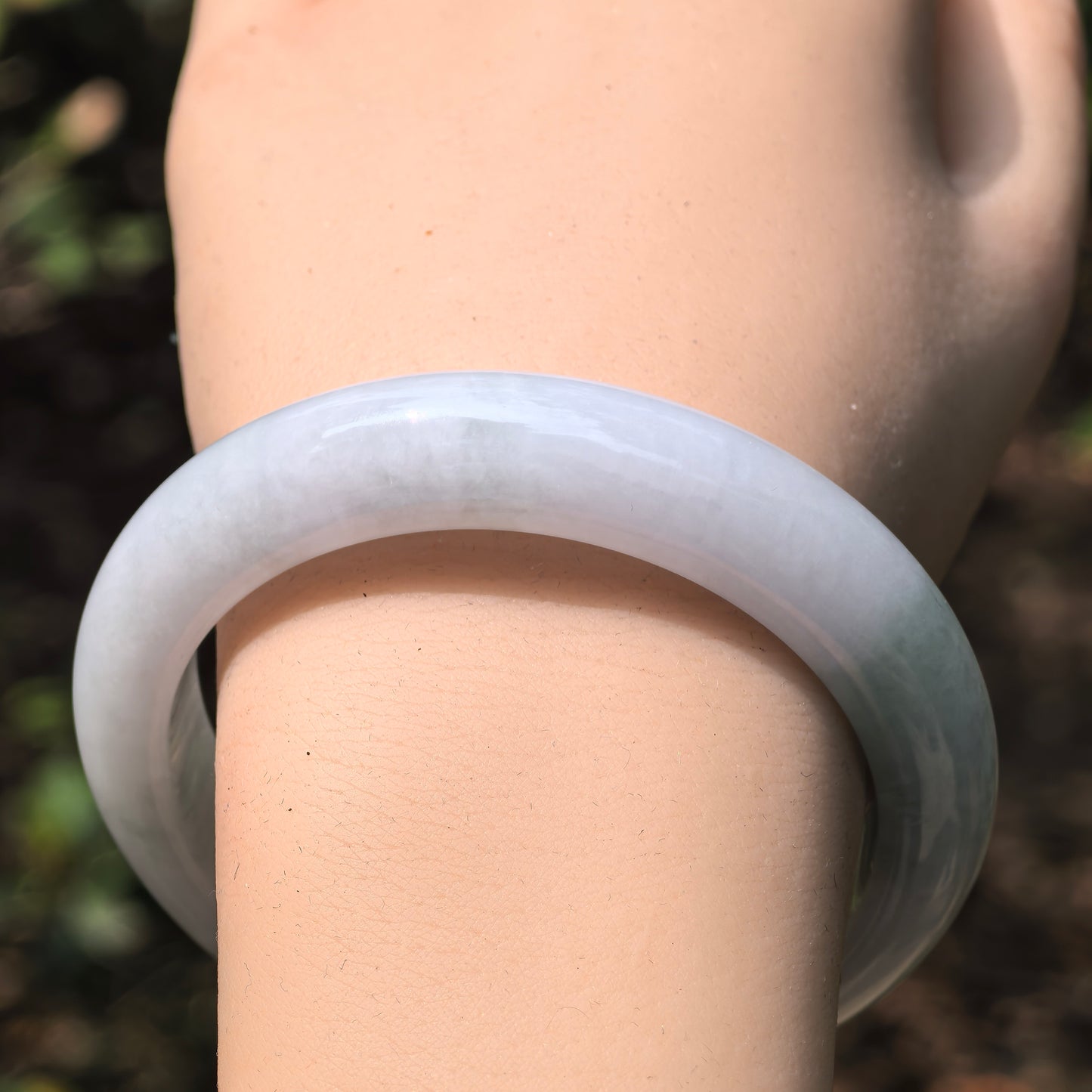 Natural Grade-A Jadeite White and Light Green D-Shape Bangle · Burmese Jade 55mm
