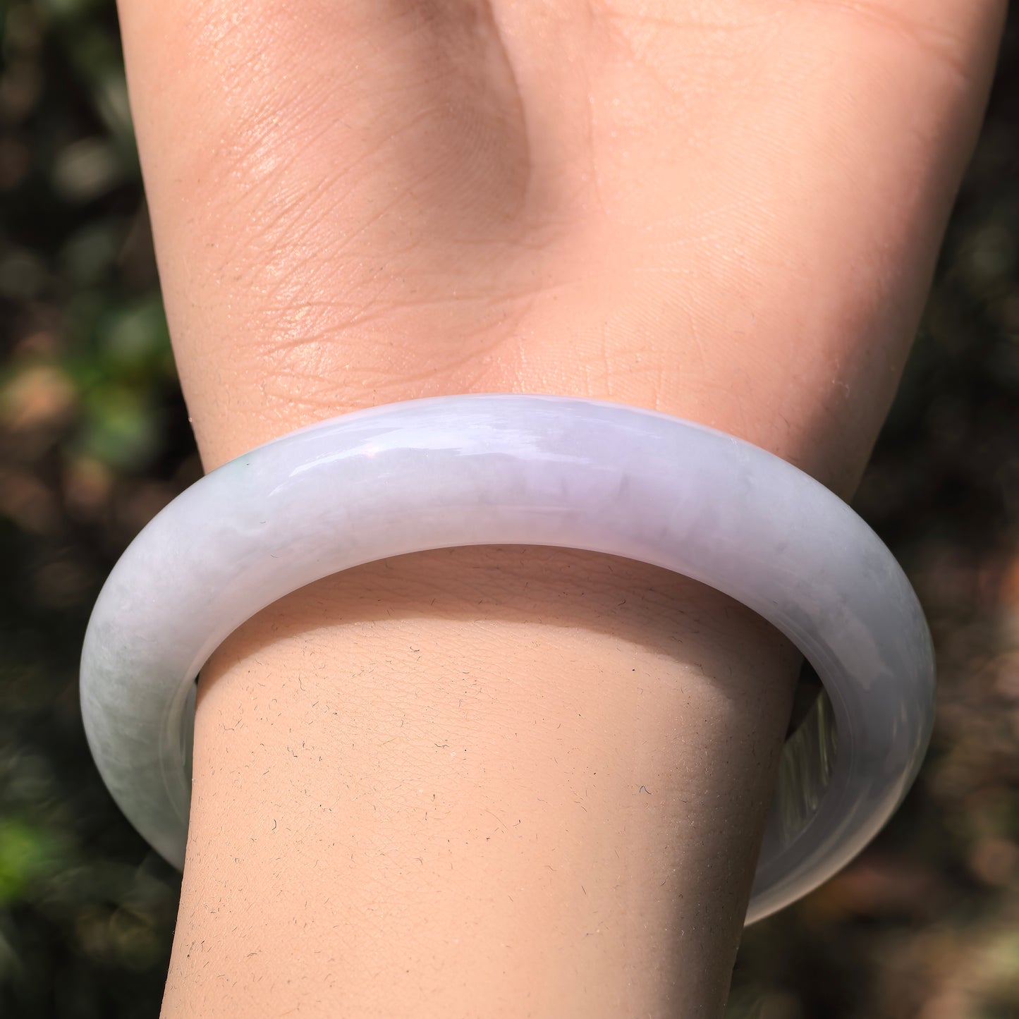 Natural Grade-A Jadeite White and Light Green D-Shape Bangle · Burmese Jade 55mm