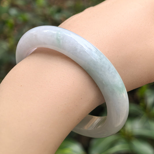 Natural Grade-A Jadeite White and Light Green D-Shape Bangle · Burmese Jade 55mm