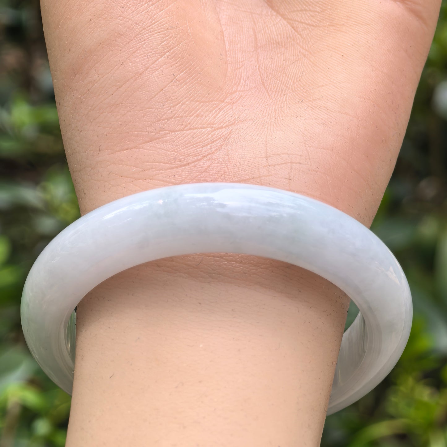 Natural Grade-A Jadeite White and Light Green D-Shape Bangle · Burmese Jade 55mm