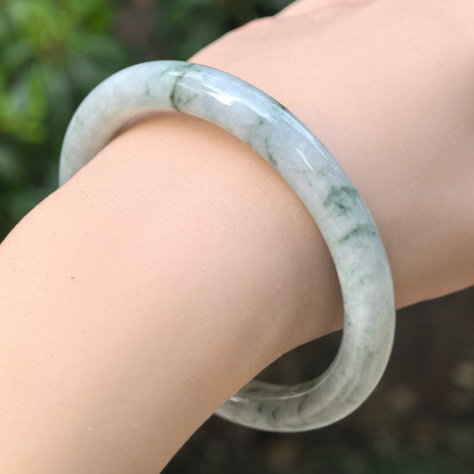 Natural Grade-A Jadeite Bean-Glutinous Blue Floating Flower Round Bangle · Burmese Jade 58mm