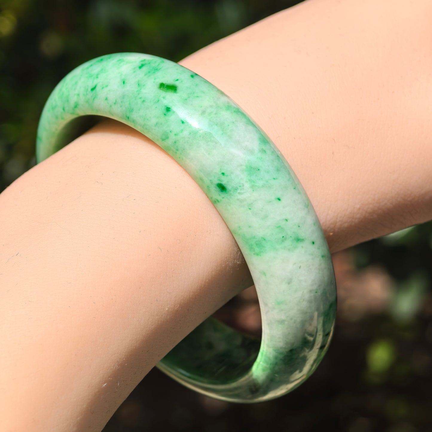 Natural Grade-A Jadeite Bean-Glutinous Green Tire D-shape Bangle · Burmese Jade 57mm