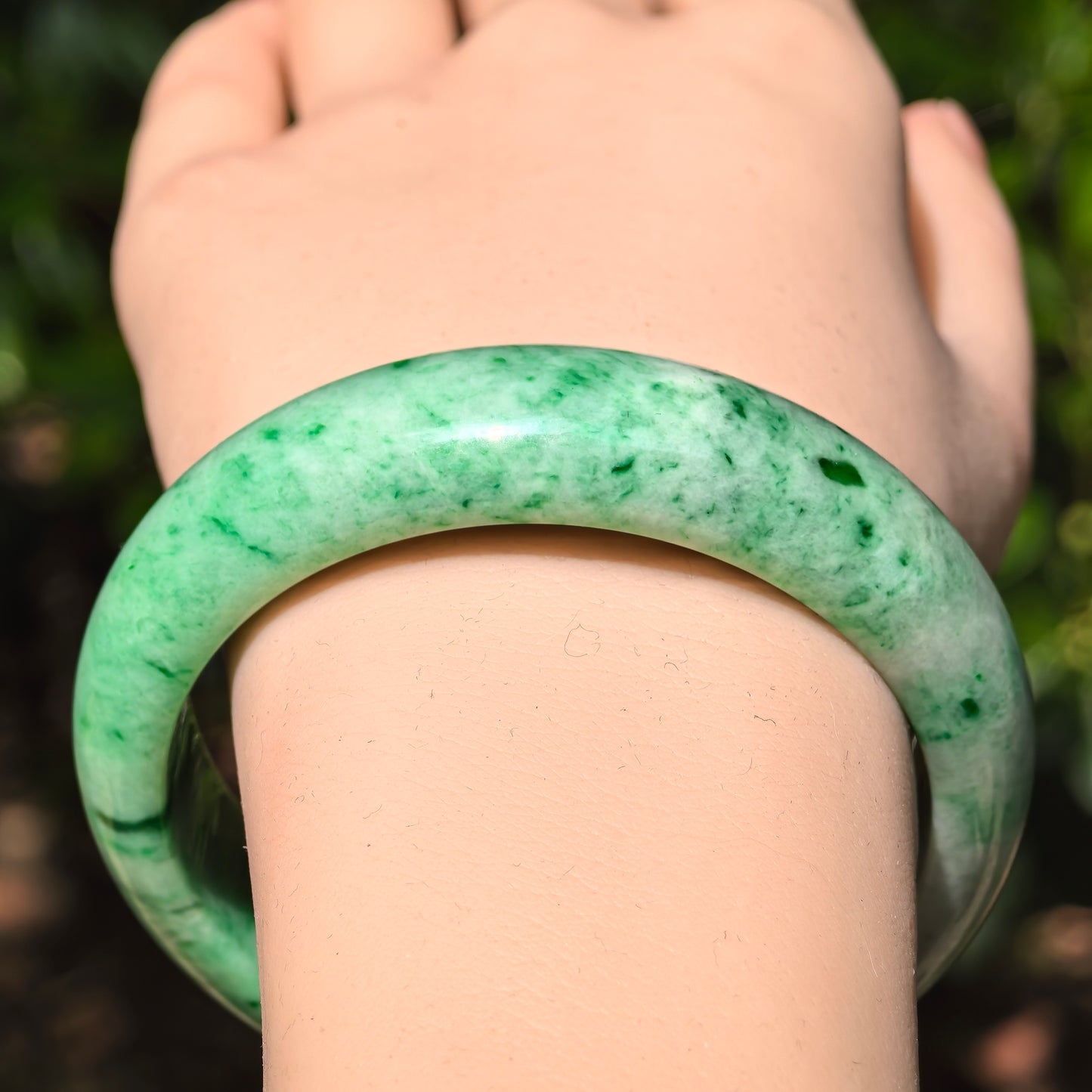 Natural Grade-A Jadeite Bean-Glutinous Green Tire D-shape Bangle · Burmese Jade 57mm