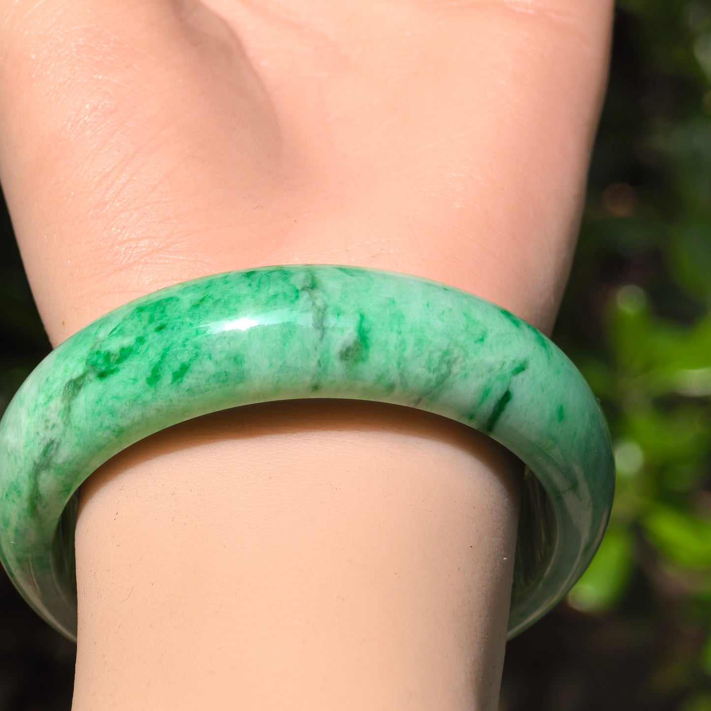 Natural Grade-A Jadeite Bean-Glutinous Green Tire D-shape Bangle · Burmese Jade 57mm